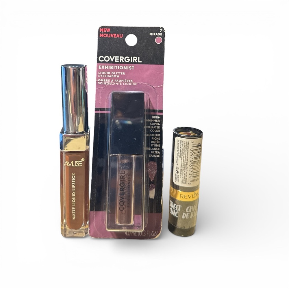 Makeup Bundle CoverGirl Glitter Eyeshadow Revlon Lipstick Amuse Matte Lip(Set/3) - Picture 1 of 4